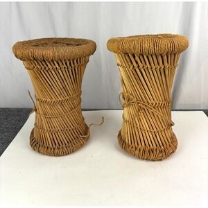 Mid Century Pencil Reed Bamboo Stands Stool Geometric Woven Grass Fiber Tops Set